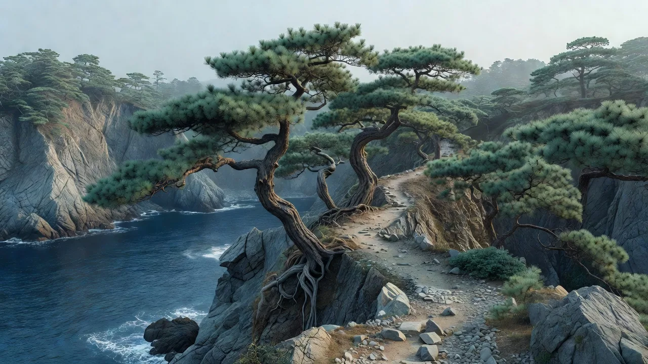 松の茂る海辺の崖
